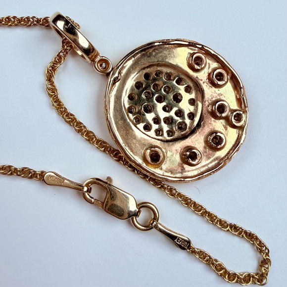 14K Solid Yellow Gold Midas 38 Real Diamond Pave Disc Pendant Necklace Turkey - Picture 7 of 11